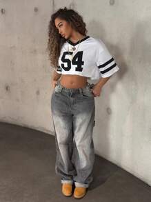 StreetHx Áo thun Jersey tay ngắn in số Colorblock thể thao đường phố dành cho nữ - trắng - Xem 2