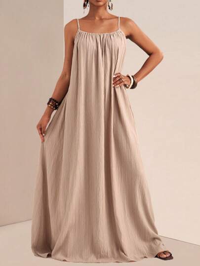 Veslaya Plus Size Women Solid Color Pleated Slip Maxi Casual Dress,Flowy Dress