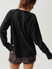 Bohemela Camiseta de manga larga de punto holgada de cuello redondo de color liso para mujer