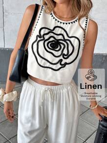 SHEIN Essnce Women's Floral Pattern Trim Round Neck Casual Camisole - White - View 2