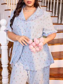 CottageSlumber Plus Size Collared Open Front Ruffled Ditsy Ditsy Floral Pajama Set, Cozy And Elegant Details - Multicolor - View 4