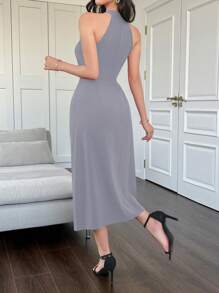 DAZY Plain Crew Neck Halter Split Ruched Midi Dress For Women - Blue - View 2