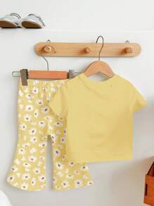 SHEIN Happikins Baby Girl Casual Minimalist Short Sleeve Round Neck Pants Set, Suitable For Spring & Summer - Multicolor - View 2