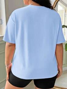 SHEIN EZwear Plus Size Women's Letter Embossed Round Neck Short Sleeve Casual Versatile T-Shirt - Blue - View 2