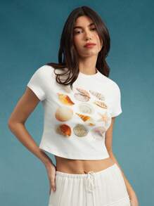 WESTFADE Summer Seashell Patterned Printed Crewneck Relaxed Shrunken Short Sleeve T-Shirt Spring Break Beach Vacation