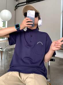 SHEIN Camisa polo de cuello con estampado floral azul marino simple para niños preadolescentes, informal, cómoda y de moda minimalista, versátil y suave, adecuada para uso diario, escuela y viajes