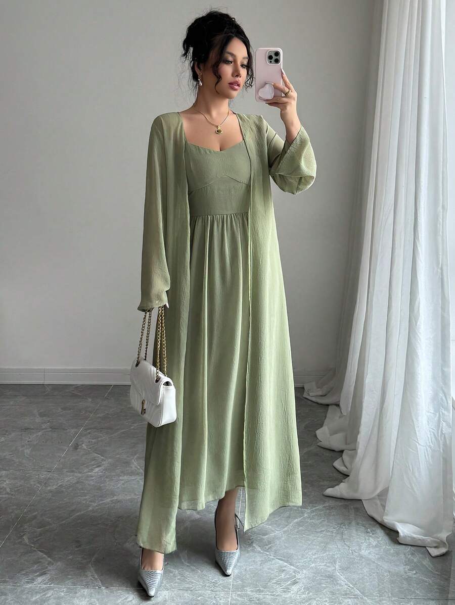 Modelyn 2 件套：优雅法式度假吊带连衣裙配夹克 - 綠色 - 查看 1