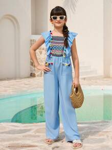 Tween Girls' Sleeveless Colorful Tassel Jumpsuit - Blue - View 1
