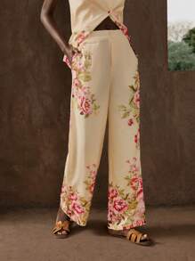 Maija Completo elegante da donna con vestaglia smanicata e pantaloni slim dritti, stampa di peonie, design in vita arricciato, chic per vacanze primavera/estate, feste, vita raccolta