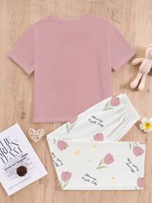 SHEIN Leap Crew 青少年女孩简约休闲圆领短袖家居服套装，适合夏季 - 彩色 - 查看 2