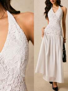 Poéselle 女士优雅纯色蕾丝拼接露背吊带连衣裙 - 白色 - 查看 8