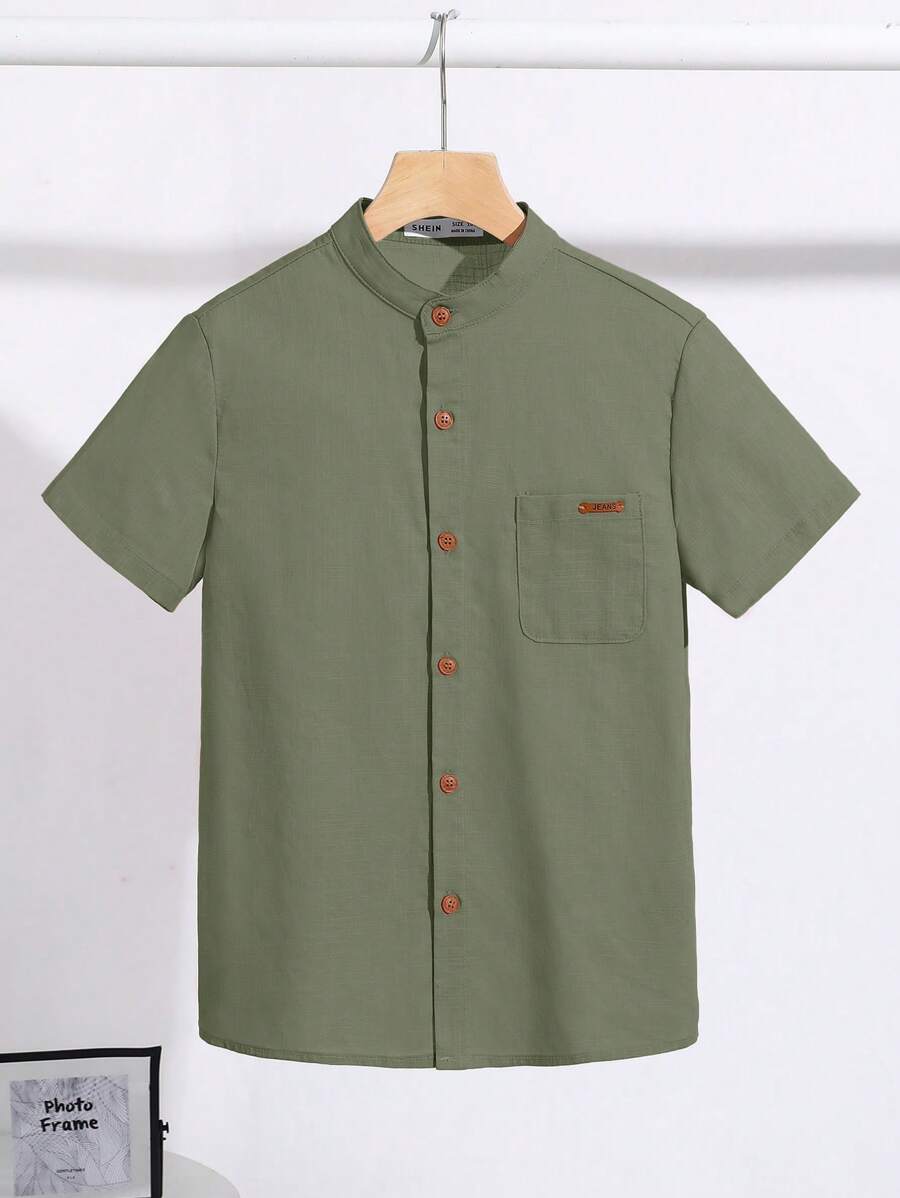 SHEIN Older Boys' Casual Loose Comfortable Short Sleeve Shirt - Army Green - View 1
