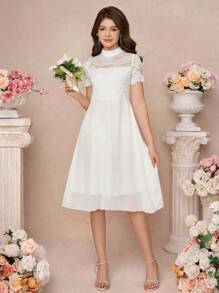 SHEIN Pitira Vestido de encaje blanco semitransparente y parches de gasa hasta la mitad de la pierna para niñas adolescentes, apropiado para ocasiones como fiestas, elegante, bodas, regreso a clases, graduación