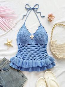 Soleia Women Solid Color Hollow Ruffled Hem Halter Knit Top Suitable For Dates Afternoon Tea Vacations Music Festivals Bohemian Style - Blue - View 7