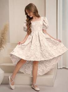 青少年女孩方形领口泡泡袖提花面料收腰褶皱 A 字连衣裙，优雅，适合情人节、婚礼、生日派对、伴娘 - 杏色 - 查看 3