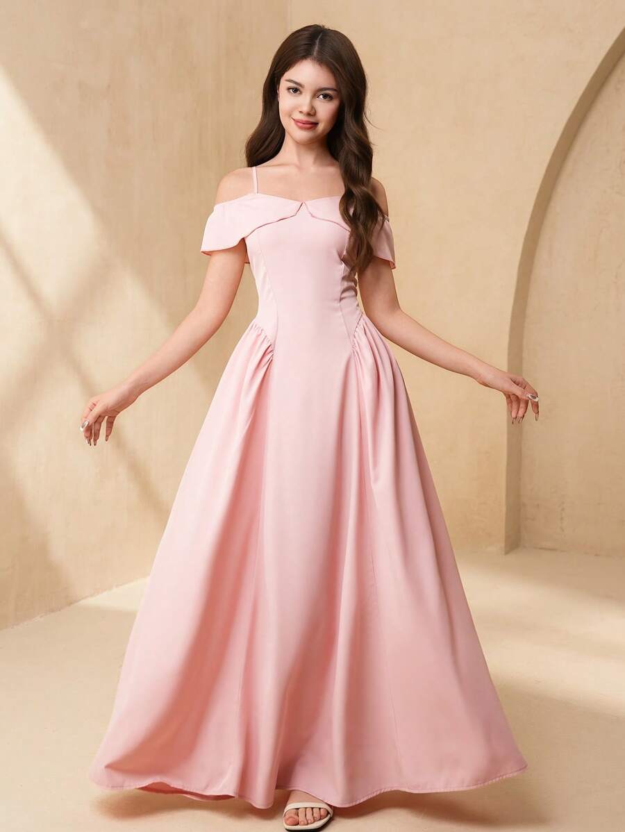 青少年女孩休闲优雅度假、婚礼季节粉色腰部露肩连衣裙吊带背心连衣裙带蝴蝶结，适合上学、郊游、度假、春夏 - 粉色 - 查看 1