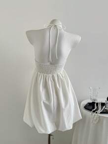 Elamini 夏季白色休闲度假女士露肩弹力修身褶饰大摆灯笼蓬松迷你连衣裙