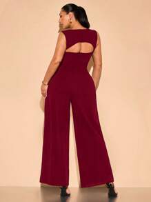 SHEIN BAE Women's Plus Size Black Sleeveless Wide Leg Jumpsuit With Open Button Design, For Spring/Summer Vacation