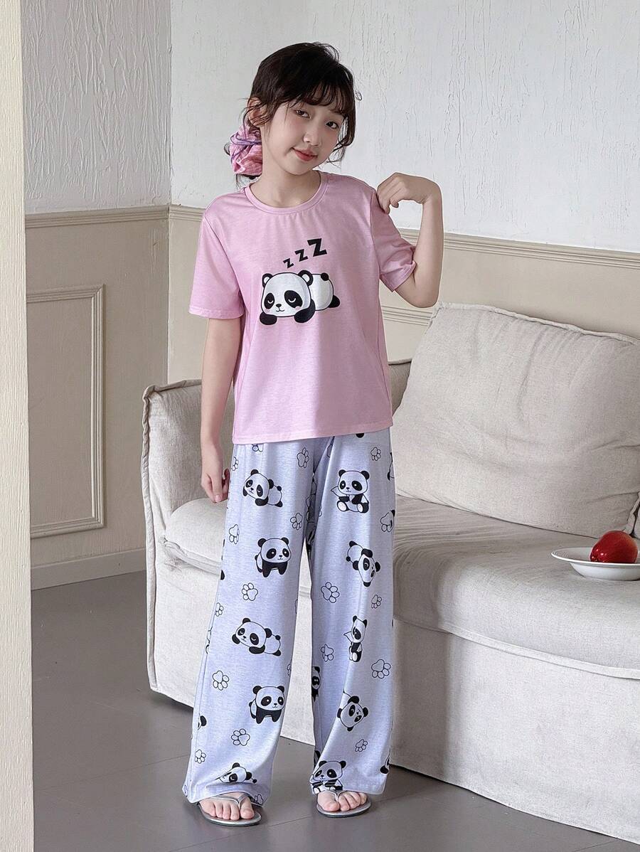 Tween Girl 2Pcs Panda Pattern Round Neck Short Sleeve Loose Casual Pajamas Set - Baby Pink - View 1