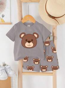SHEIN 2pcs Baby Boy Casual Minimalist Crew Neck Short Sleeve Top & Shorts Set, Summer - Multicolor - View 2