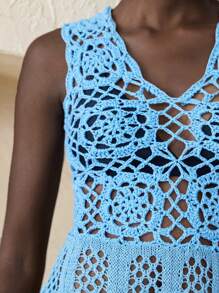 Ontre 2025新款乡村音乐节风，湖蓝色无袖钩针针织罩衫，度假沙滩装，女士春夏手工钩针休闲连衣裙