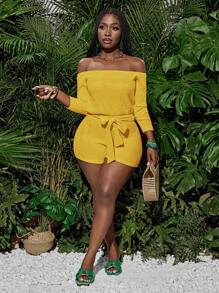 Slaydiva Bộ đồ liền thân bó sát bằng vải dệt kim sọc dọc màu cam cho nữ mùa xuân và mùa hè mới giản dị một bên vai tay dài raglan rộng rãi phần thân trên quần short bó sát dây thắt lưng - Màu vàng - Xem 5