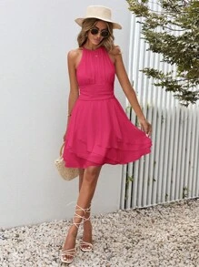 SHEIN VCAY Đầm suông không tay cổ yếm màu trơn đơn giản ngày lễ - Đỏ - Xem 4