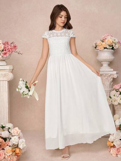 Pitira Pitira Teen Girl White Elegant High-End Lace-Trim Chiffon Long Formal Dress, Suitable For Weddings, Birthday Parties, Prom And Bridesmaid Occasions