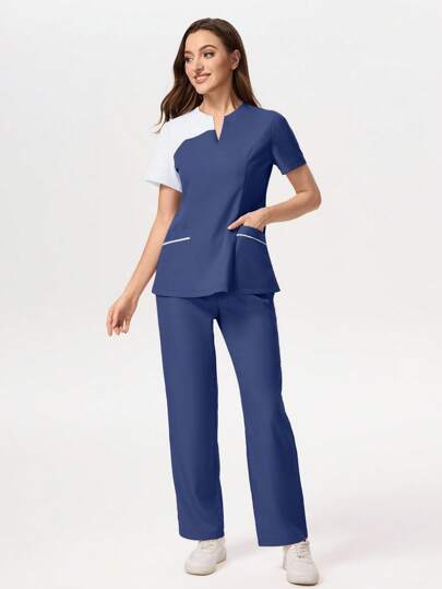 TaskEZ 撞色领短袖上衣和长裤/护理服套装