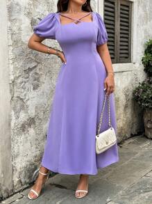 SHEIN Clasi Plus Size Elegant Solid Color Puff Sleeve Dress, Summer