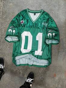 Aesthetic Post--Plus Size Men's Casual Loose Fit V-Neck Short Sleeve Numeric Print T-Shirt - Green - View 1