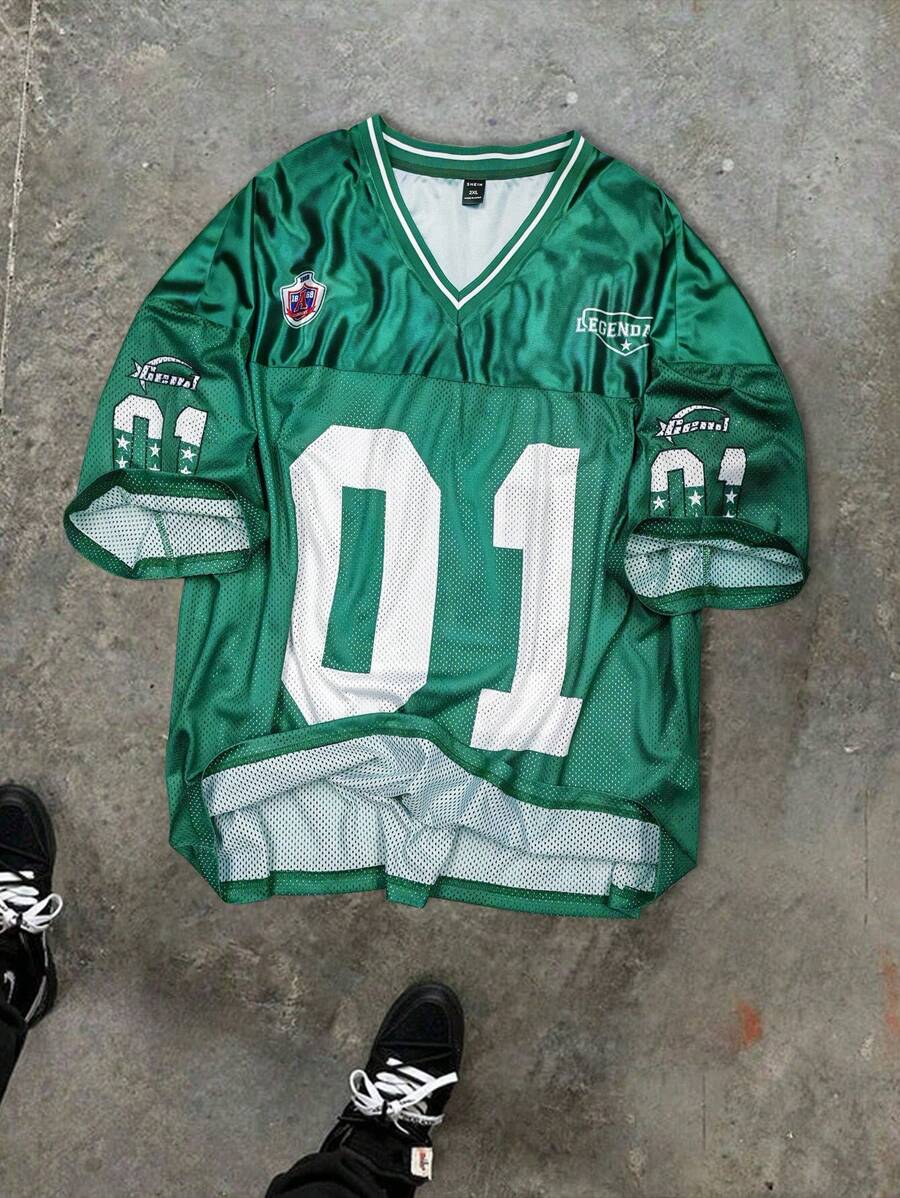 Aesthetic Post--Plus Size Men's Casual Loose Fit V-Neck Short Sleeve Numeric Print T-Shirt - Green - View 1