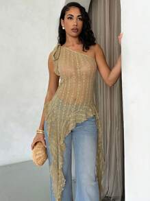 Glamine Spring & Summer Women's Vacation Textured Jacquard Straps Asymmetrical Oblique Shoulder Jellyfish Strap Ruffled Sleeveless See-Through Women Tops Women's Summer See-Through Tops, See-Through Tops Suitable For Vacation, Dating And Party, Women's One-Shoulder Tops