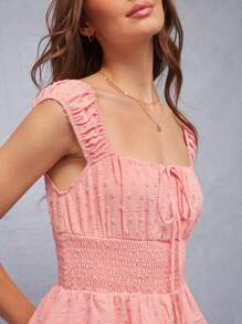 WESTFADE Mono volante con volantes de cintura fruncida, cuello corazón, moño delantero y estampado de lunares tejido - Rosa Pálido - Ver 2