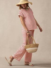 SHEIN 孕妇两件套：条纹圆领短袖 T 恤和长裤 - 紅白色 - 查看 4