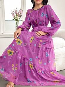 Modelyn Women's Extra Long Floral Print Chiffon Cinched Waist Waist Dress, Elegant For Spring & Summer