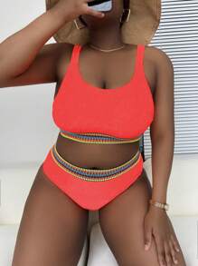 Slaydiva Plus Size Women 2pcs Solid Color Spaghetti Strap Tankini Swimsuit Set For Summer Beach Vacation - Red - View 3