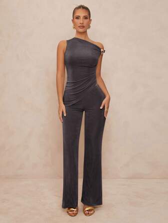 Lumalex 1pc Women's Asymmetric Metal Decor Bodycon Flare Sleeve Two Pieces Set