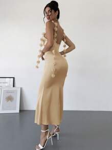 Firerie Elegant Plunge Neck Backless Dress With 3D Floral Decor, Purple, Suitable For Date, Wedding, Spring/Summer - Apricot - View 8