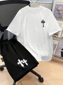 SHEIN 2 件套青少年男童休闲白色短袖 T 恤和短裤套装，街头朋克摇滚学院风，适合日常、派对、音乐节，适合春夏季 - 黑色 - 查看 6