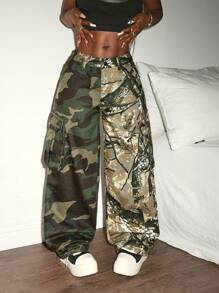 Slaydiva 女士迷彩拼布工装牛仔裤 - 軍綠色 - 查看 4