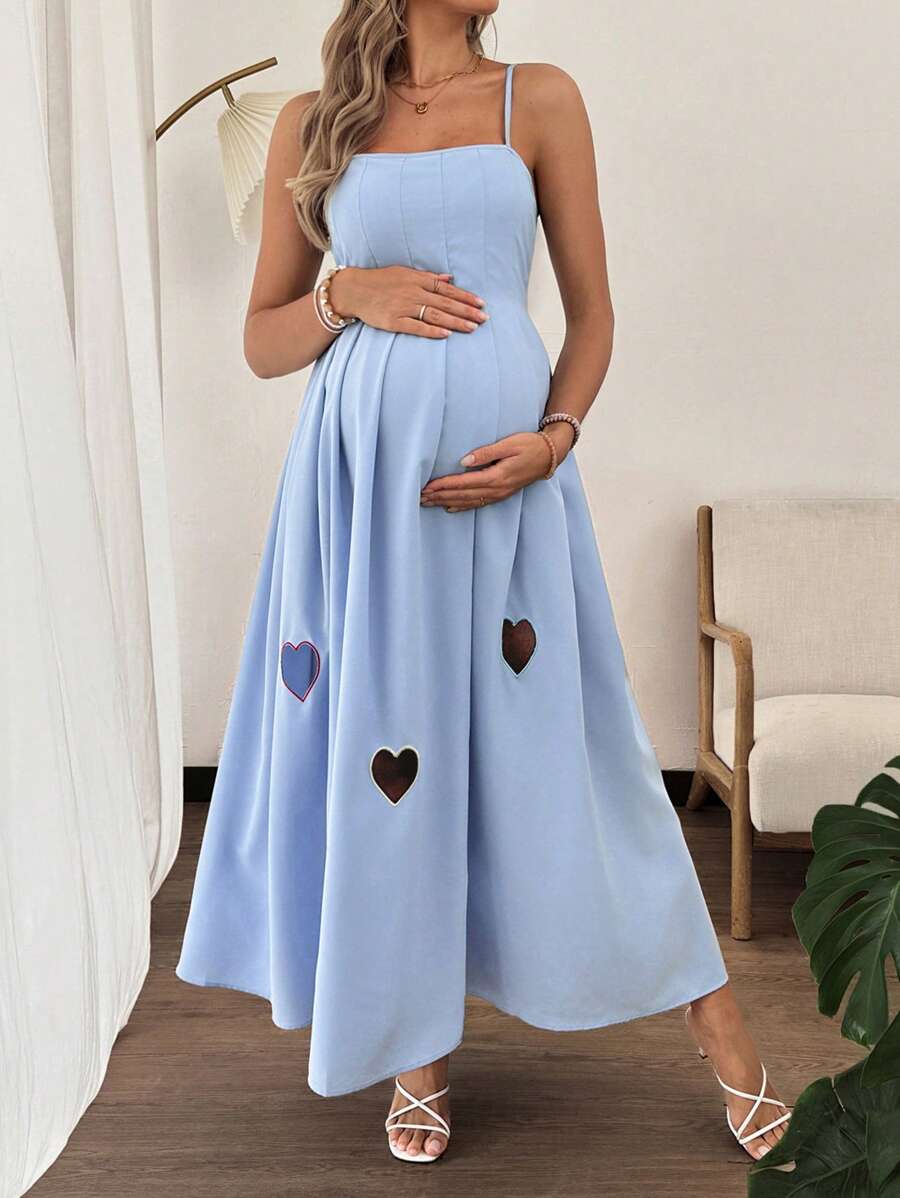 SHEIN Váy suông xếp ly thêu hình trái tim cho bà bầu thanh lịch - Màu xanh nhạt - Xem 1