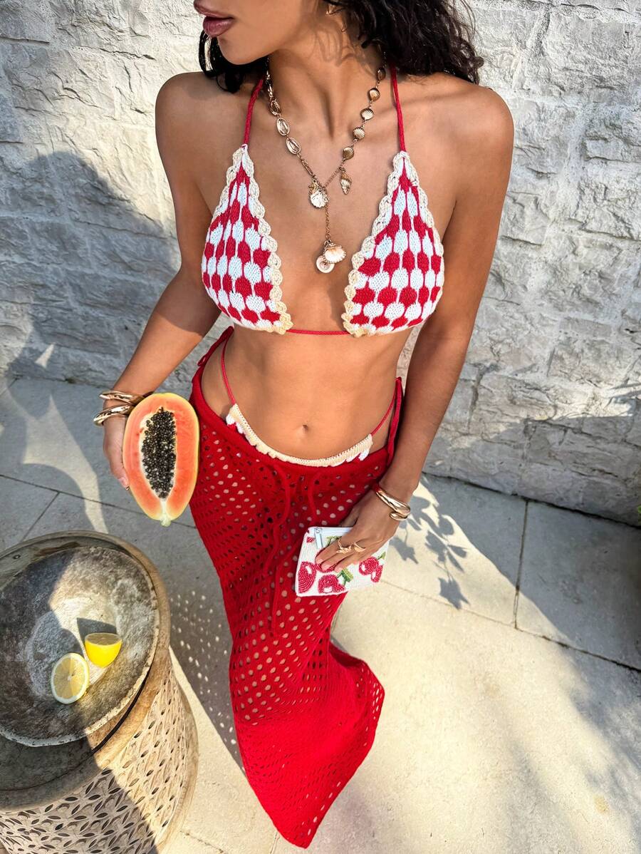 Swim Vcay Sweet Gingham Crochet Bikini Set For Summer Beach Holiday