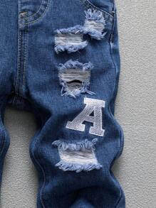 SHEIN Baby/Toddler Boys' Black Bear & Letter Embroidered Distressed Washed Denim Jeans - Medium Wash - View 3