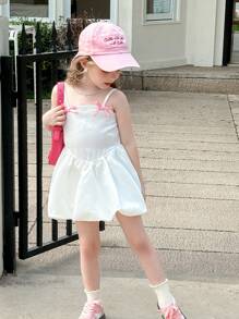Young Girl Plain Woven Bowknot Strap Dress - White - View 1