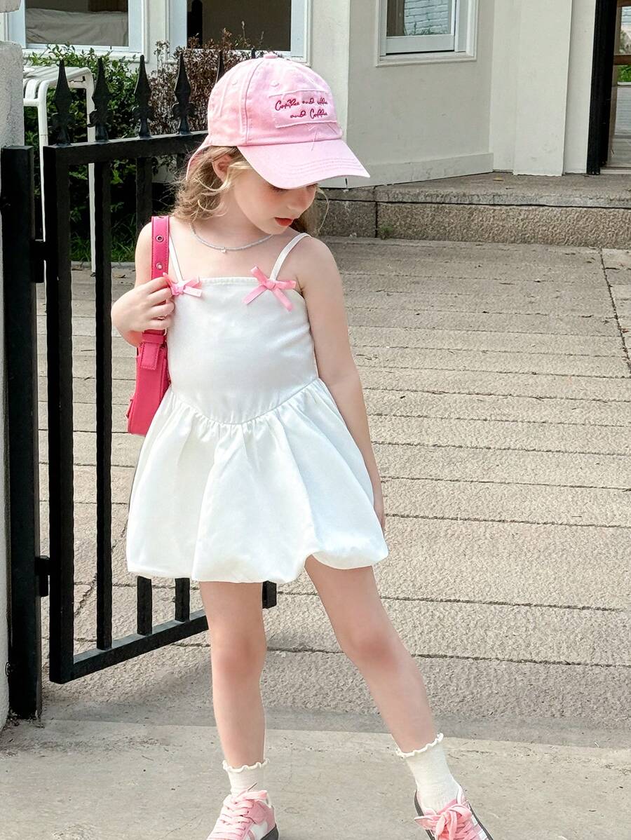 Young Girl Plain Woven Bowknot Strap Dress - White - View 1