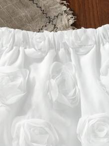 SHEIN 年轻女孩甜美优雅白色3D玫瑰纹理A字迷你裙 - 白色 - 查看 7