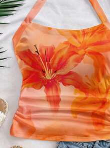 SHEIN WYWH 大码女式扎染热带花卉印花休闲宽松挂脖背心，夏季 - 黃色 - 查看 7