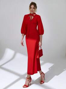 CLARA VERO Women Solid Color Long Sleeve With Shawl Detailed Dress - Red - View 5