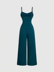 SHEIN MOD Summer Draped Neck Dark Green Jumpsuit,Retro Lace Hollow Out , Wide Leg Jumpsuit,Wedding Women Jumpsuit,Fall/Winter Jumpsuit,Teacher Clothes,Old Money Style Jumpsuit,Business Casual Jumpsuit,Brunch Jumpsuit,Going Out Jumpsuit,Formal Jumpsuit - Dark Green - View 2